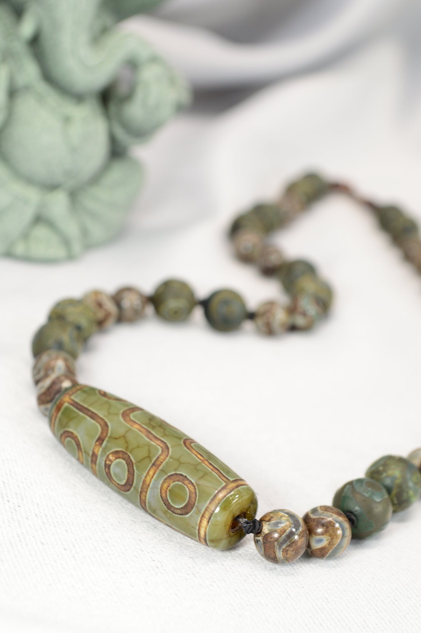 Green Tibetan Dzi Bead Necklace – Boho Spiritual Amulet for Grounding & Balance