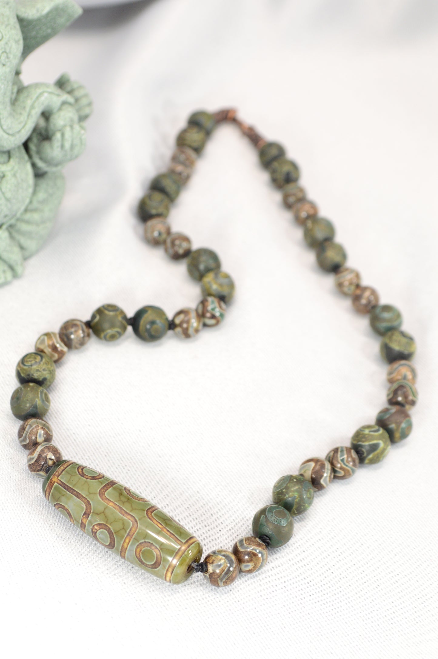 Green Tibetan Dzi Bead Necklace – Boho Spiritual Amulet for Grounding & Balance