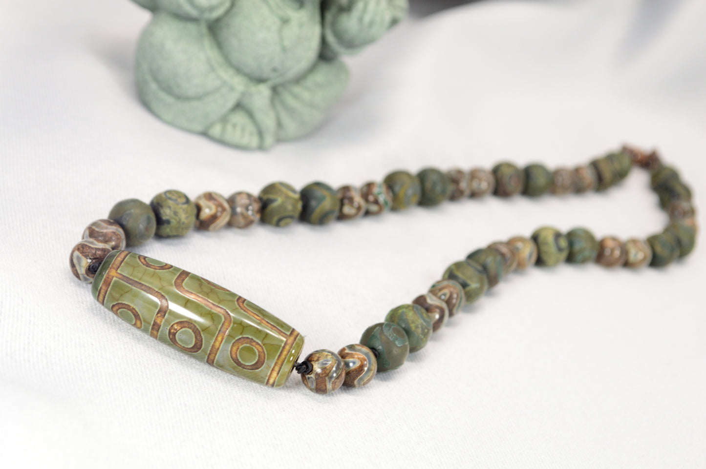 Green Tibetan Dzi Bead Necklace – Boho Spiritual Amulet for Grounding & Balance