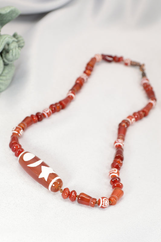 Red Tibetan Dzi Necklace • Star & Moon Amulet • Boho Spiritual Jewelry