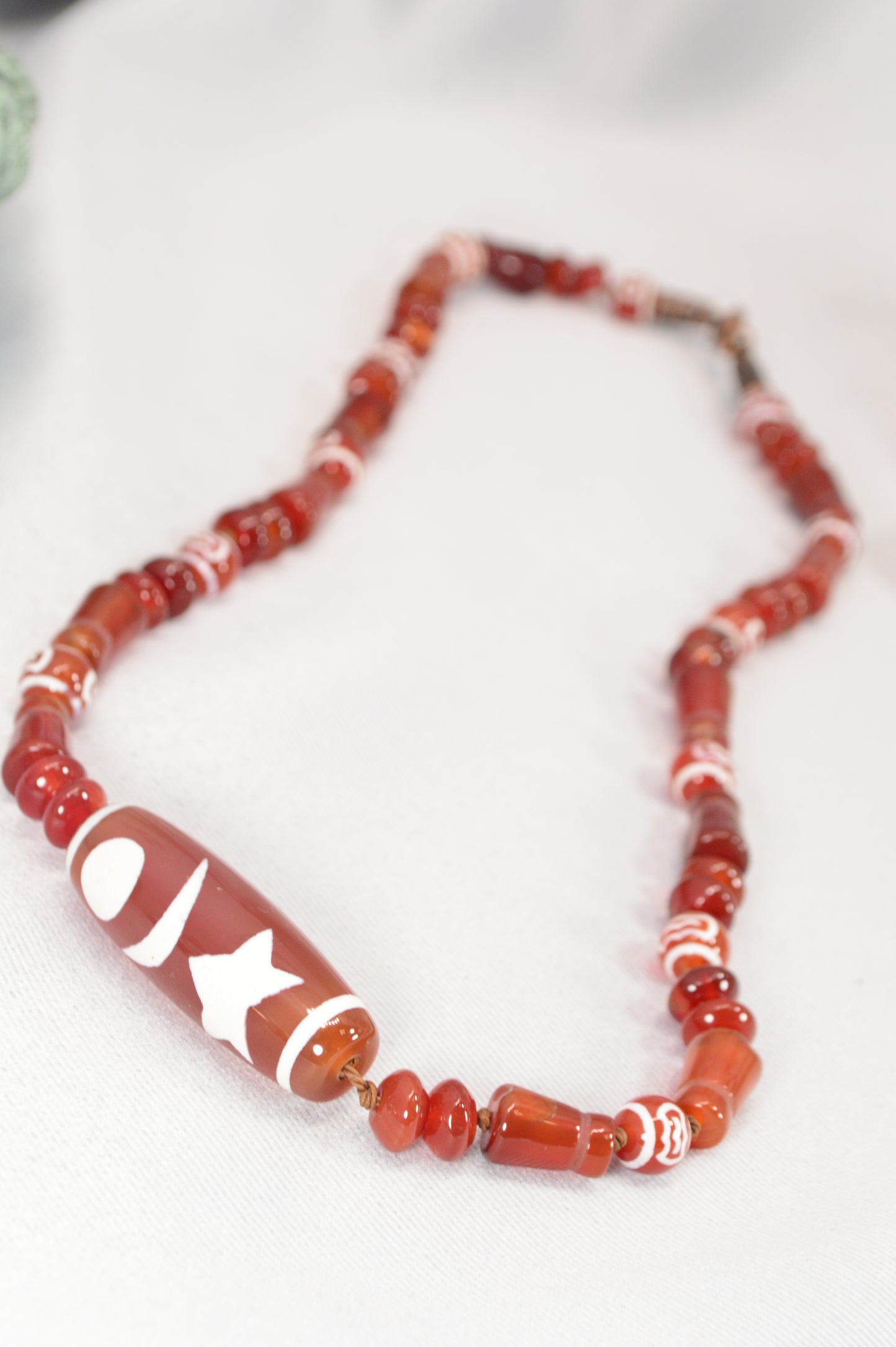 Red Tibetan Dzi Necklace • Star & Moon Amulet • Boho Spiritual Jewelry