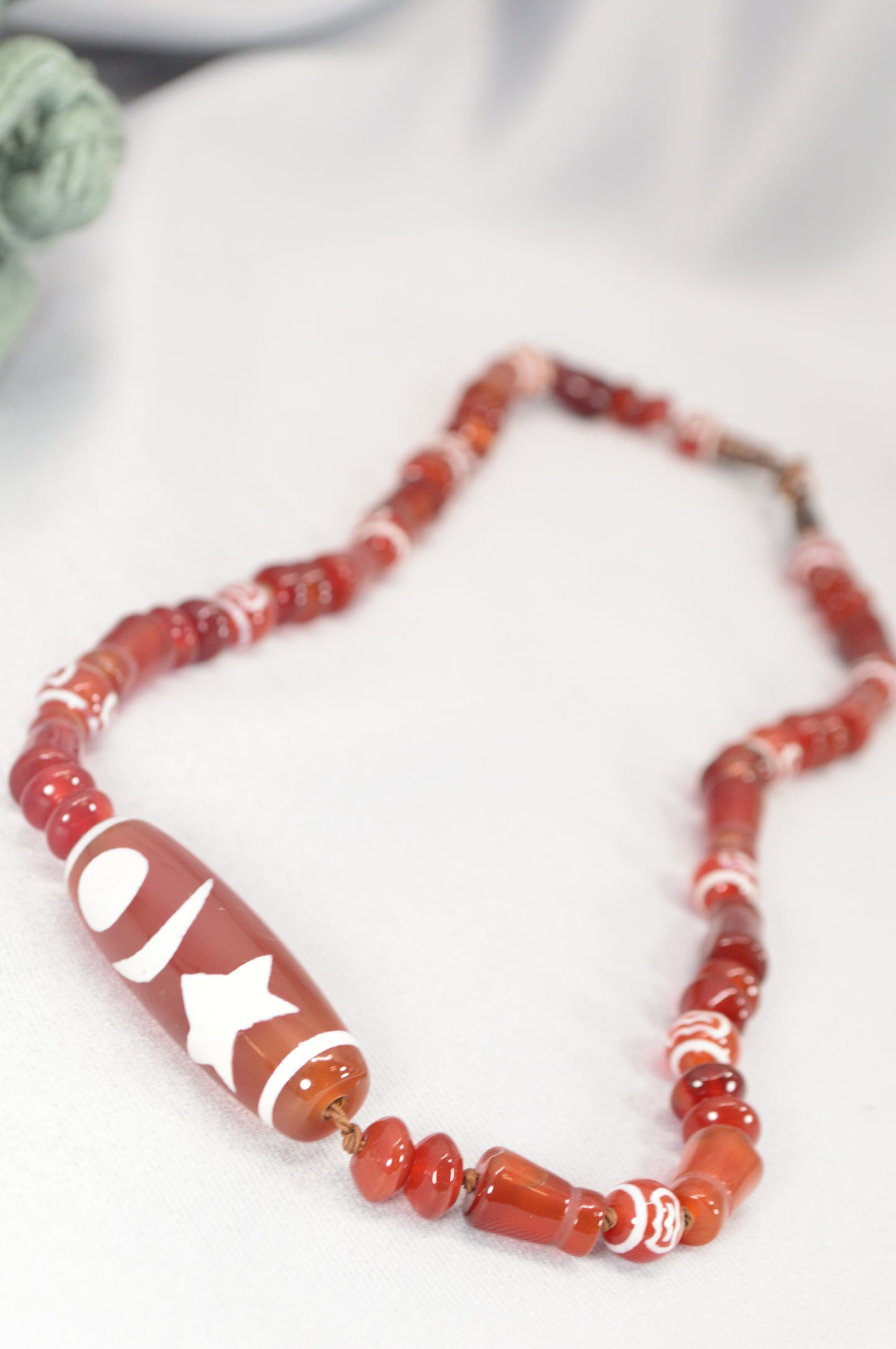 Red Tibetan Dzi Necklace • Star & Moon Amulet • Boho Spiritual Jewelry