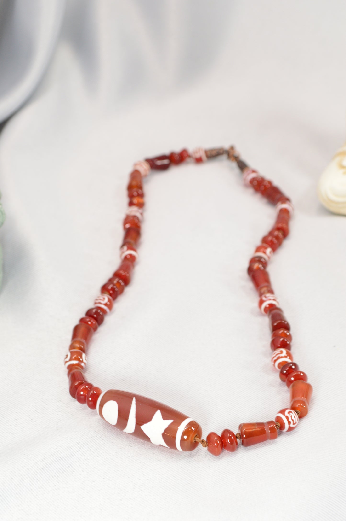 Red Tibetan Dzi Necklace • Star & Moon Amulet • Boho Spiritual Jewelry