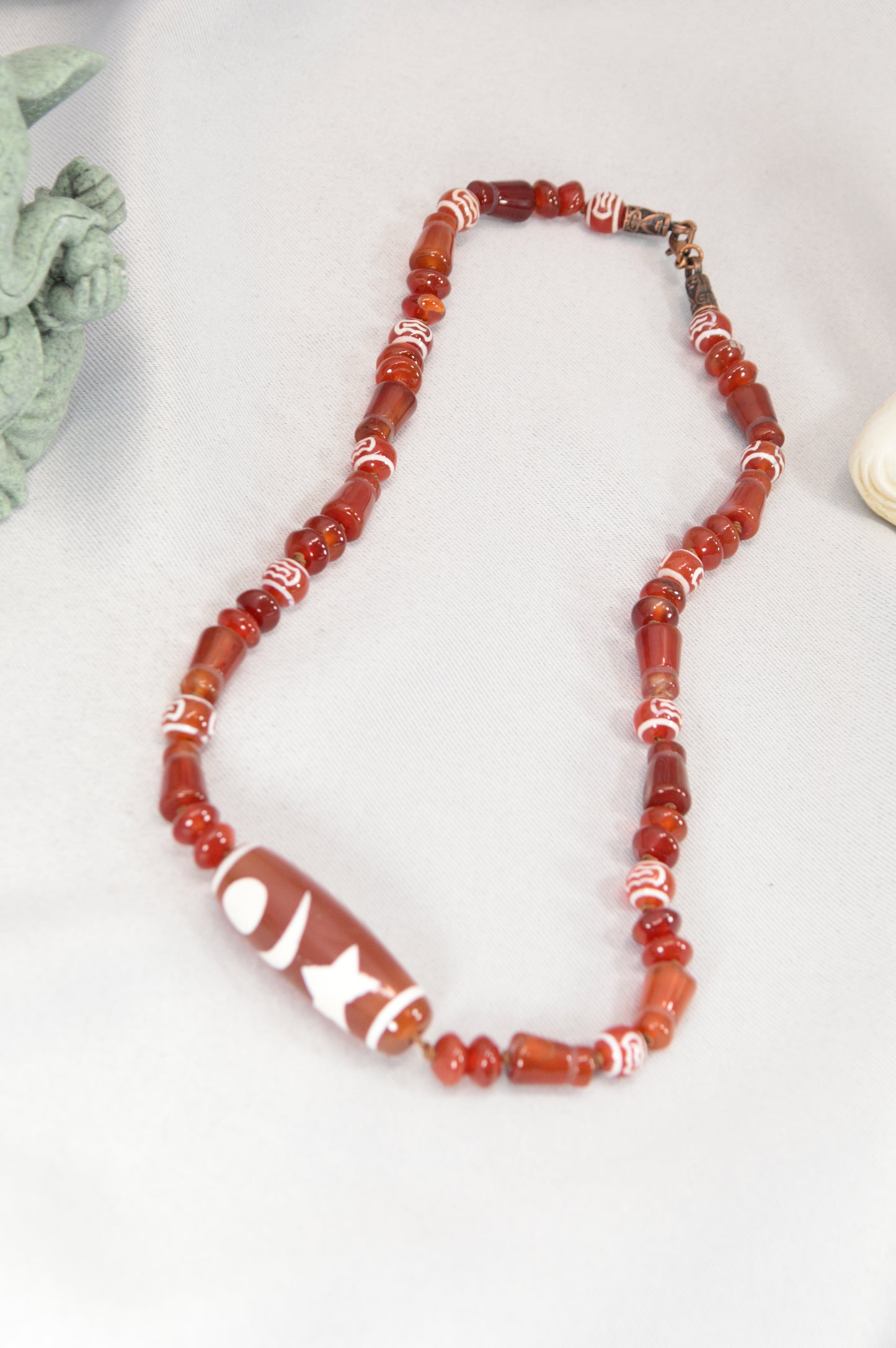 Red Tibetan Dzi Necklace • Star & Moon Amulet • Boho Spiritual Jewelry