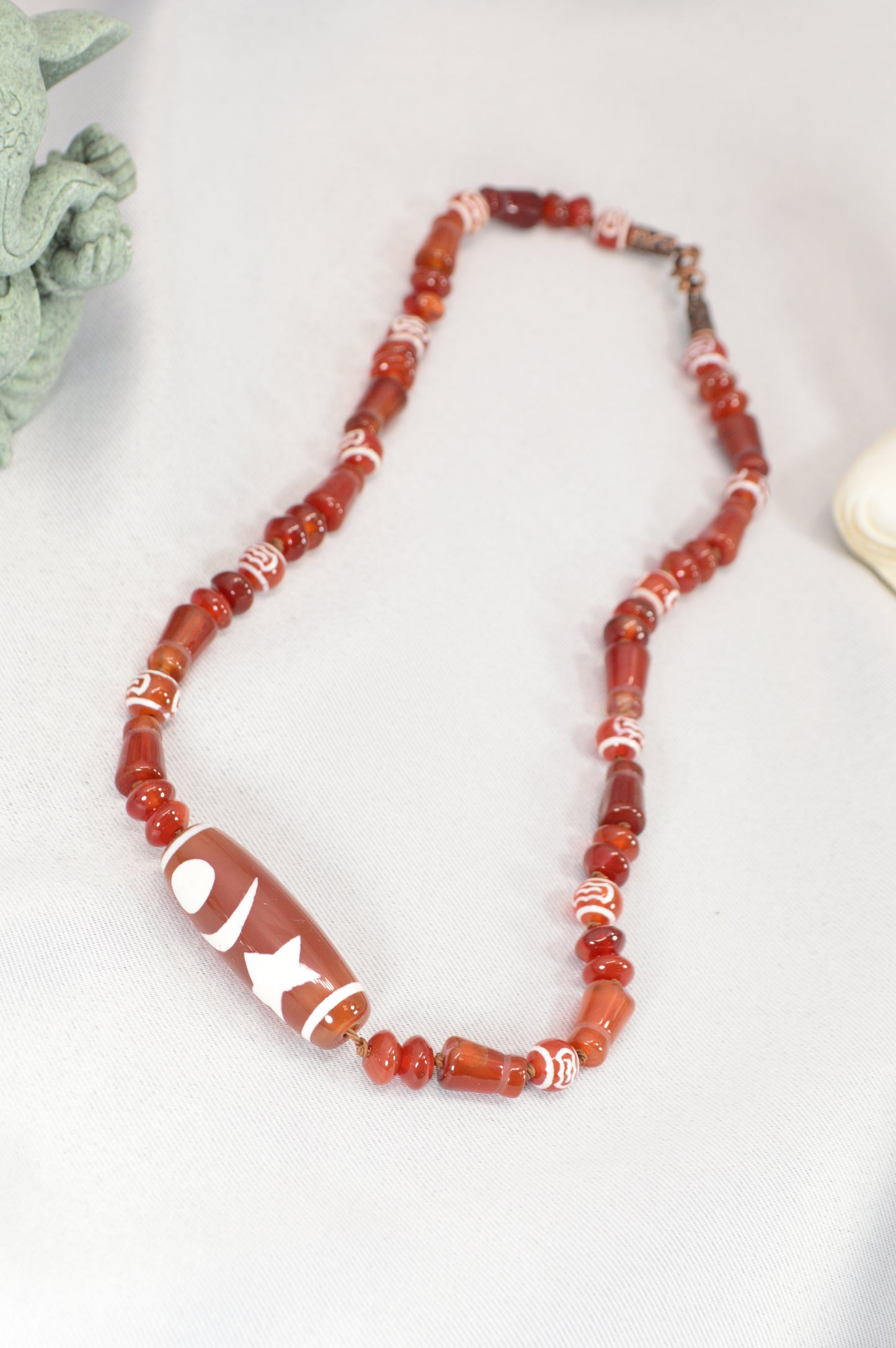 Red Tibetan Dzi Necklace • Star & Moon Amulet • Boho Spiritual Jewelry
