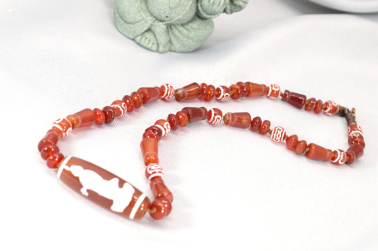 Red Tibetan Dzi Necklace • Star & Moon Amulet • Boho Spiritual Jewelry