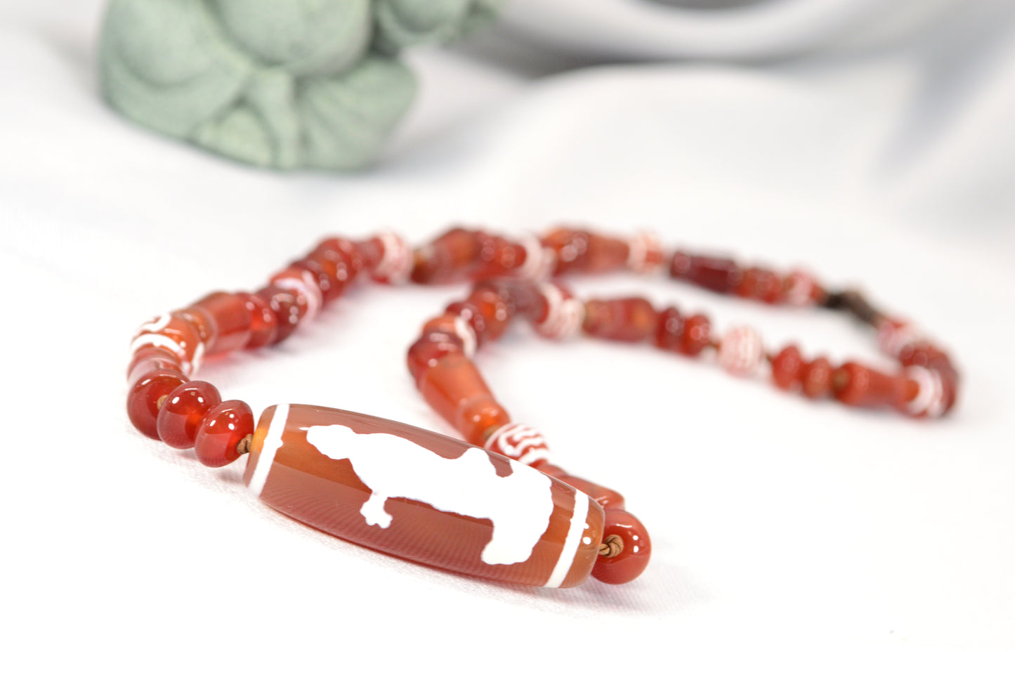 Red Tibetan Dzi Necklace • Star & Moon Amulet • Boho Spiritual Jewelry
