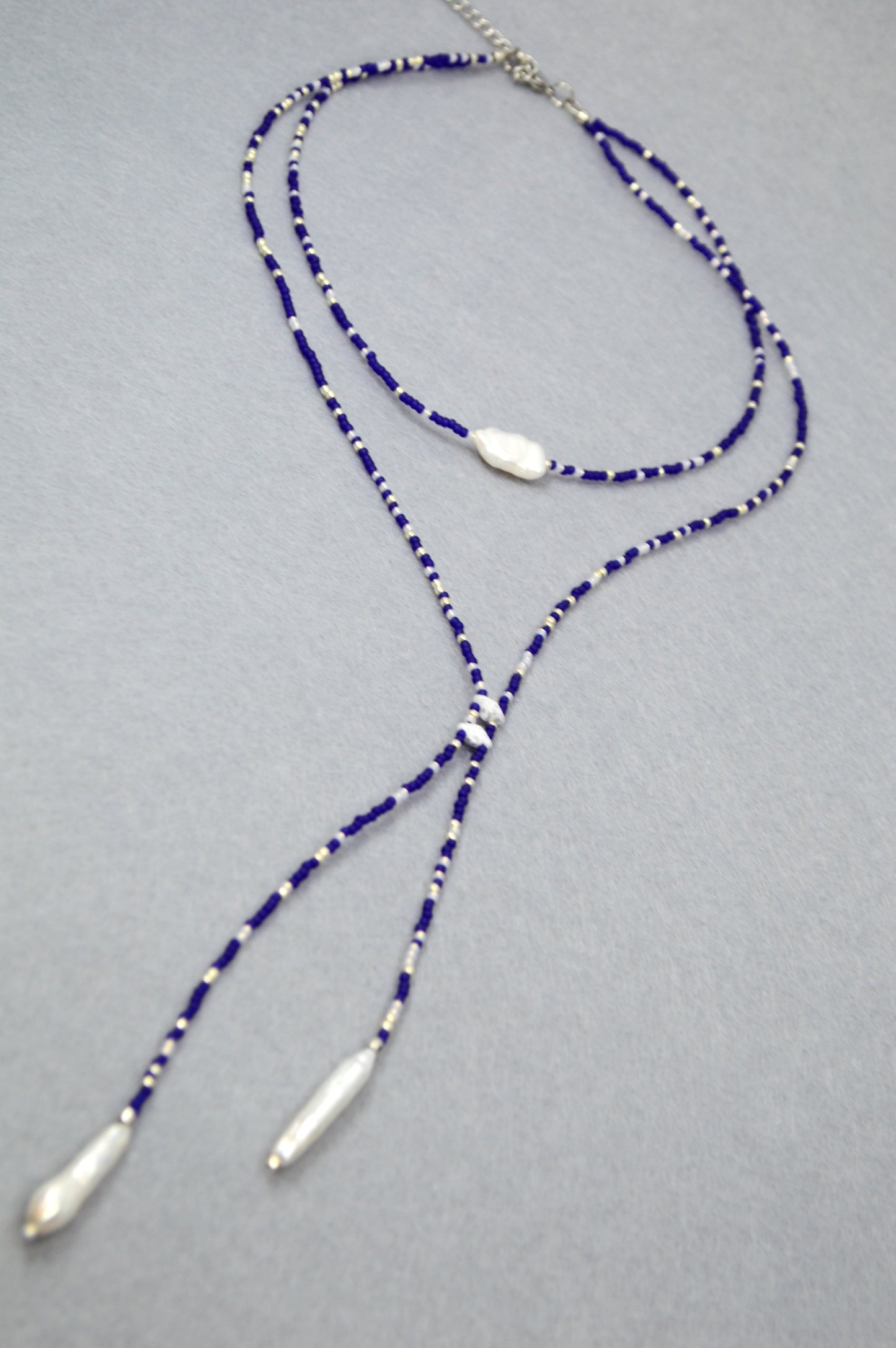 Azure Dusk Blue Beaded Pearl Lariat Necklace