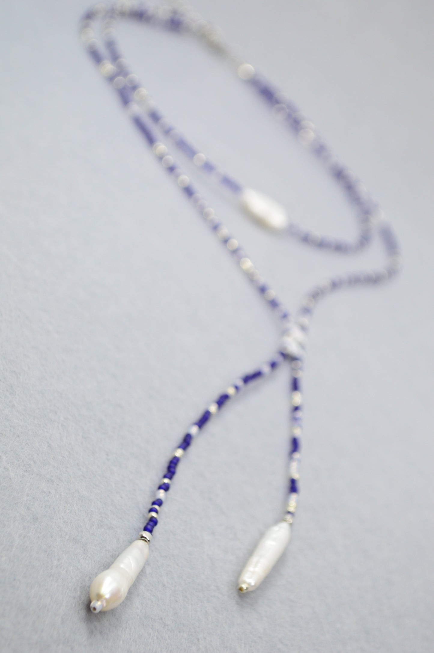 Azure Dusk Blue Beaded Pearl Lariat Necklace