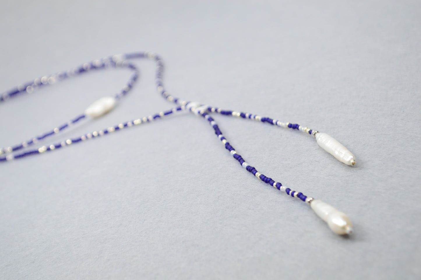 Azure Dusk Blue Beaded Pearl Lariat Necklace