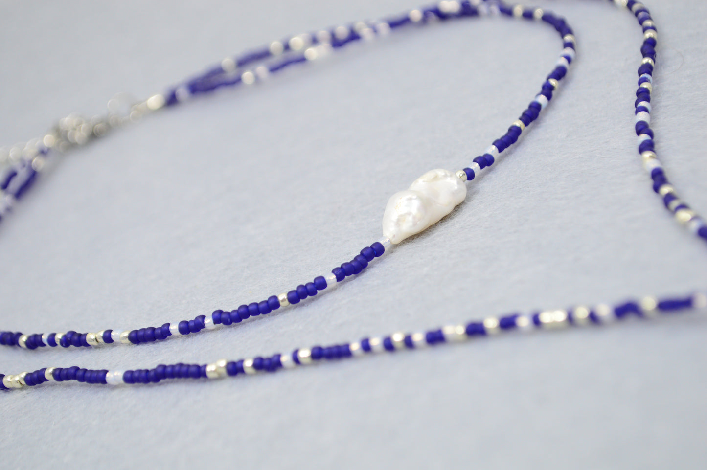 Azure Dusk Blue Beaded Pearl Lariat Necklace
