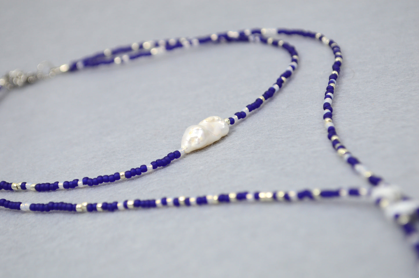 Azure Dusk Blue Beaded Pearl Lariat Necklace