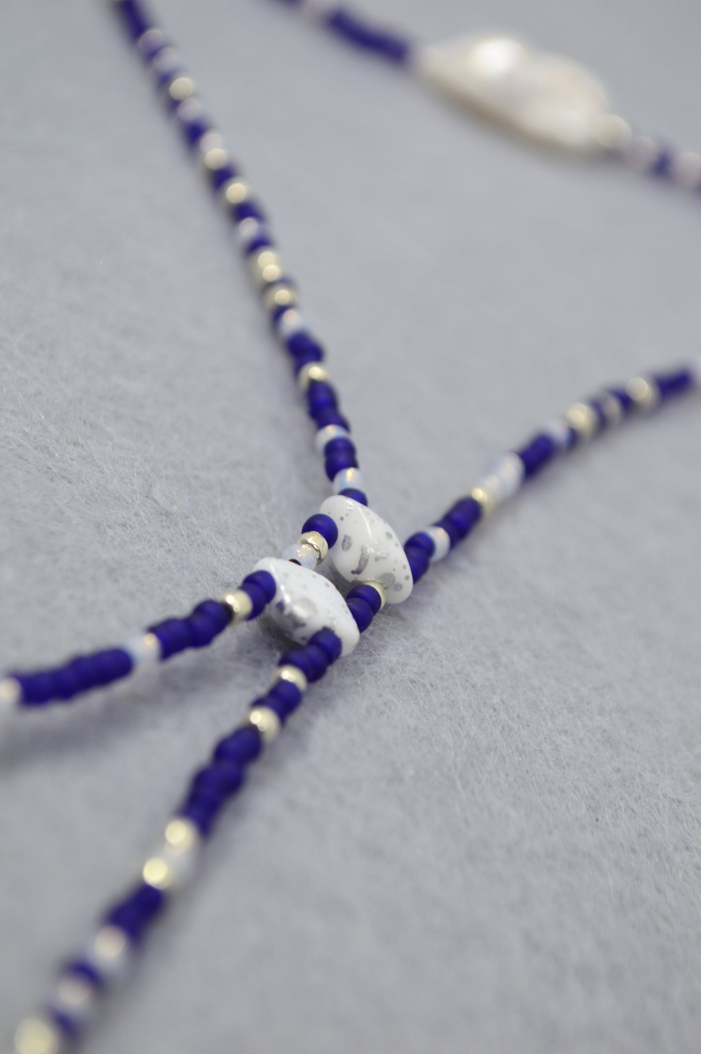 Azure Dusk Blue Beaded Pearl Lariat Necklace