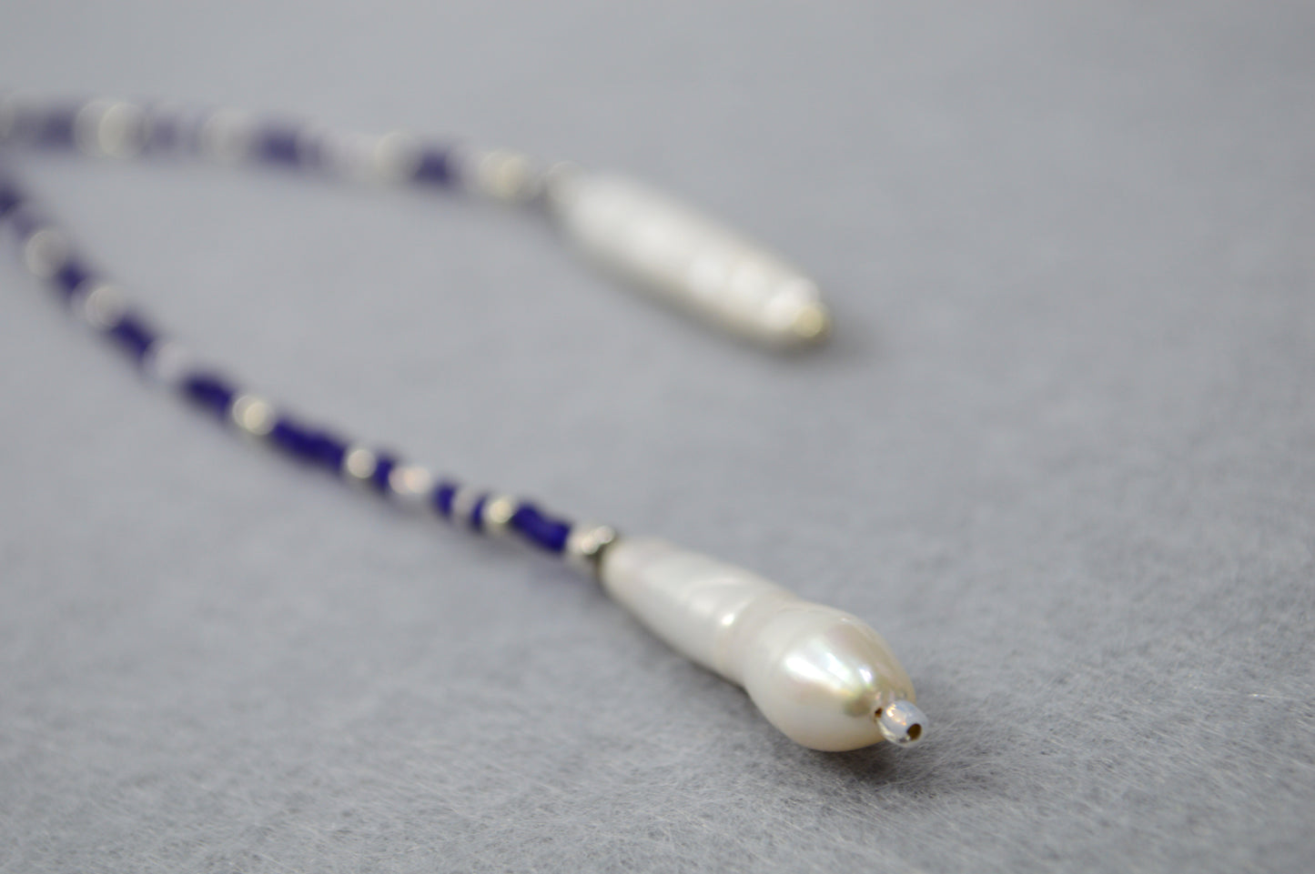 Azure Dusk Blue Beaded Pearl Lariat Necklace