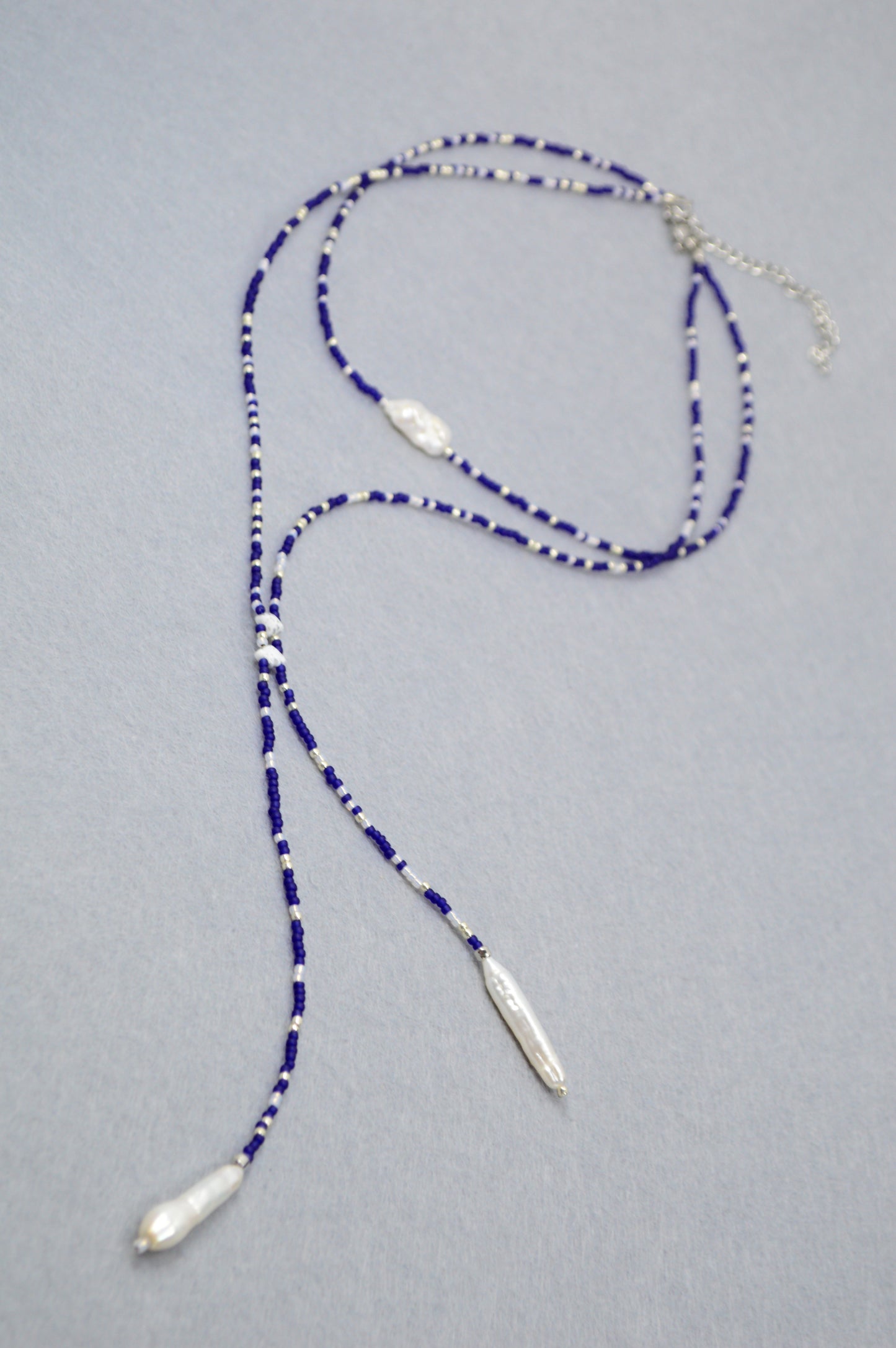 Azure Dusk Blue Beaded Pearl Lariat Necklace