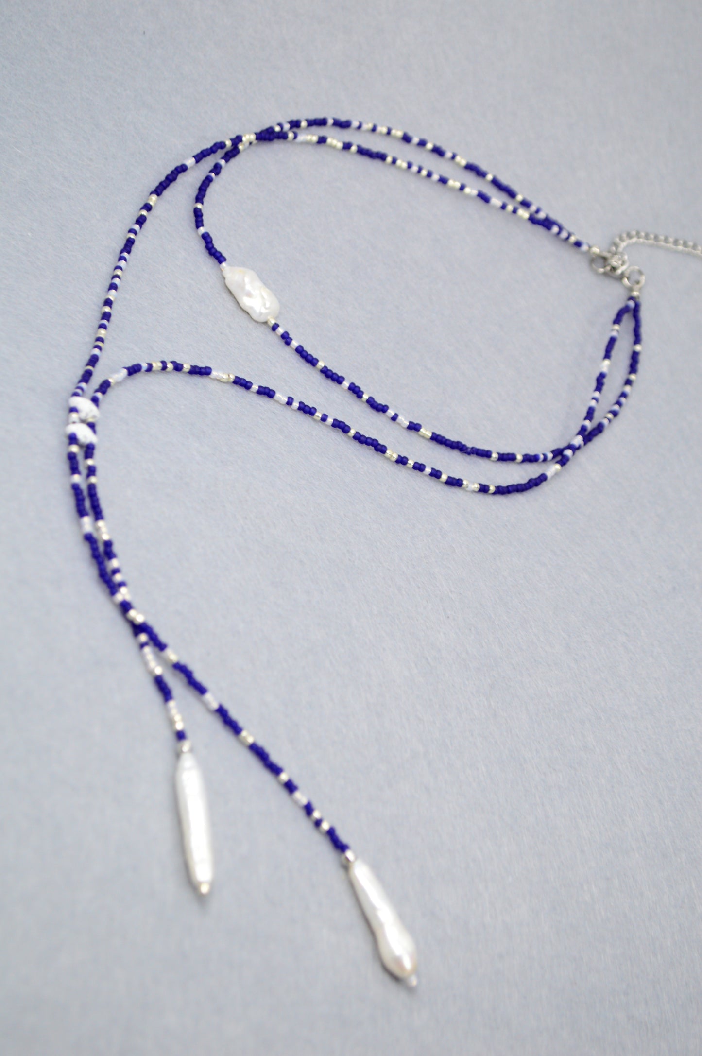 Azure Dusk Blue Beaded Pearl Lariat Necklace