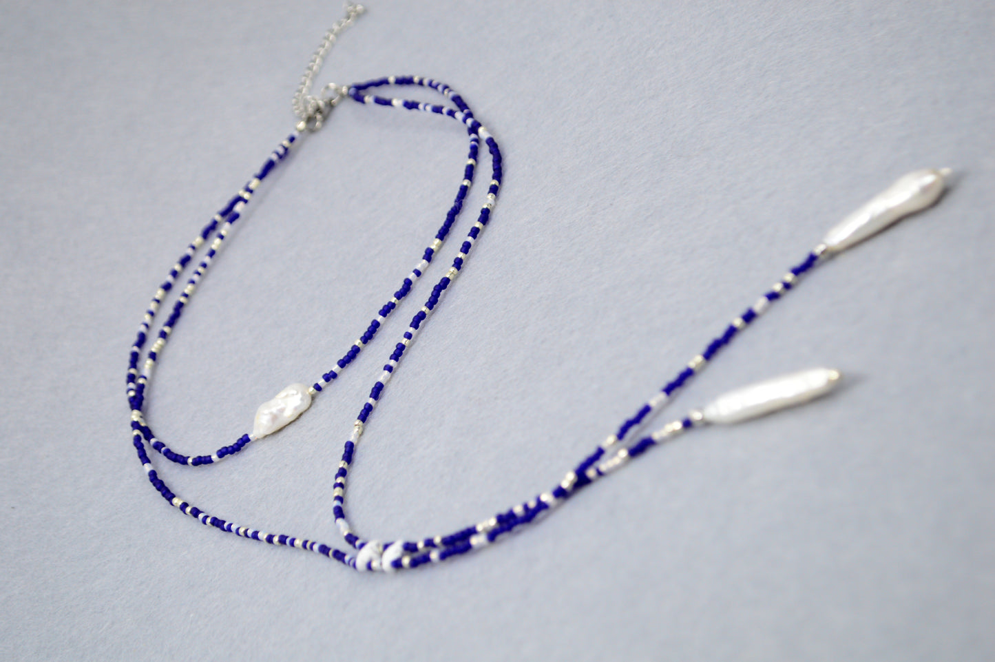 Azure Dusk Blue Beaded Pearl Lariat Necklace