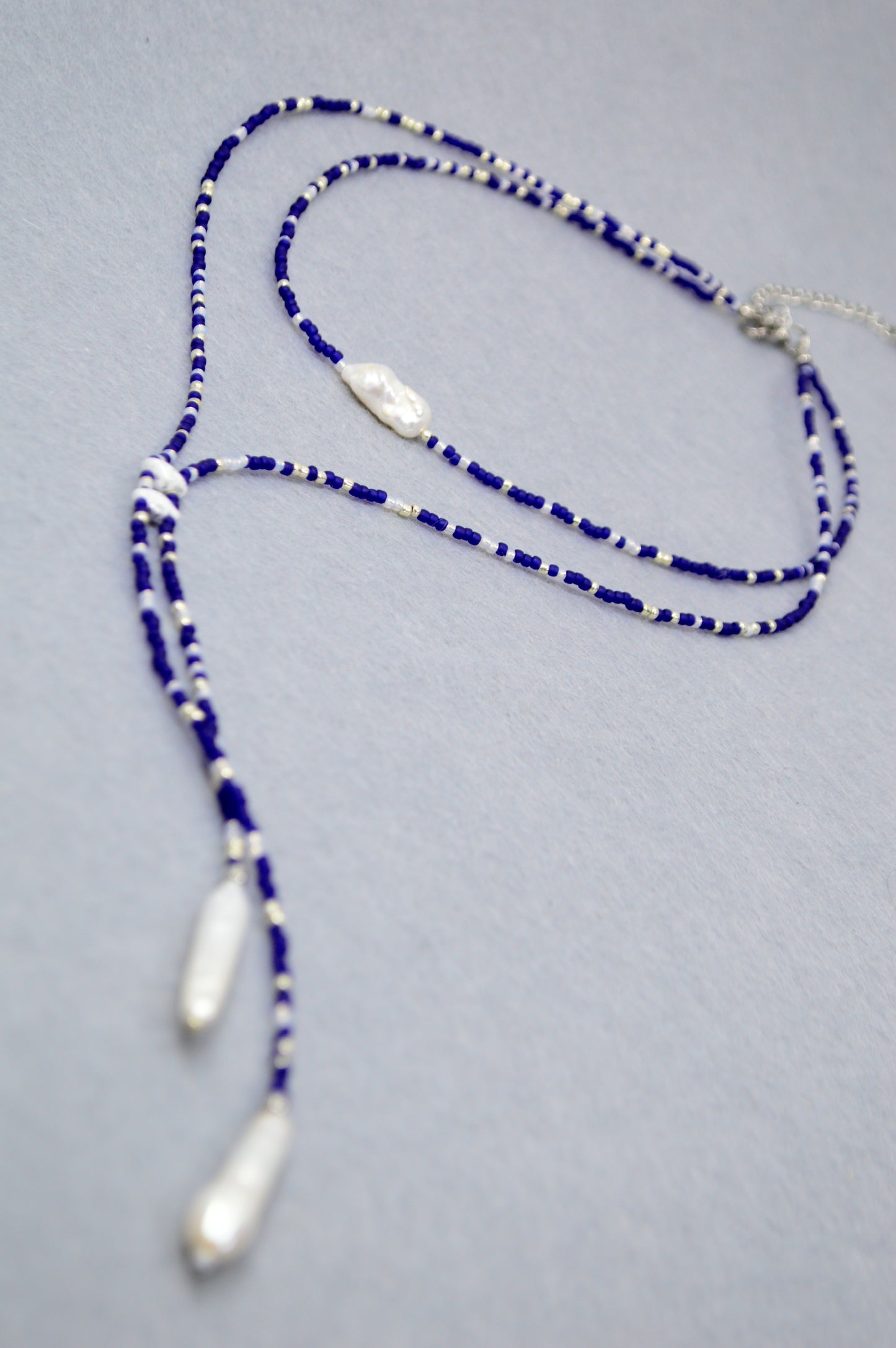 Azure Dusk Blue Beaded Pearl Lariat Necklace