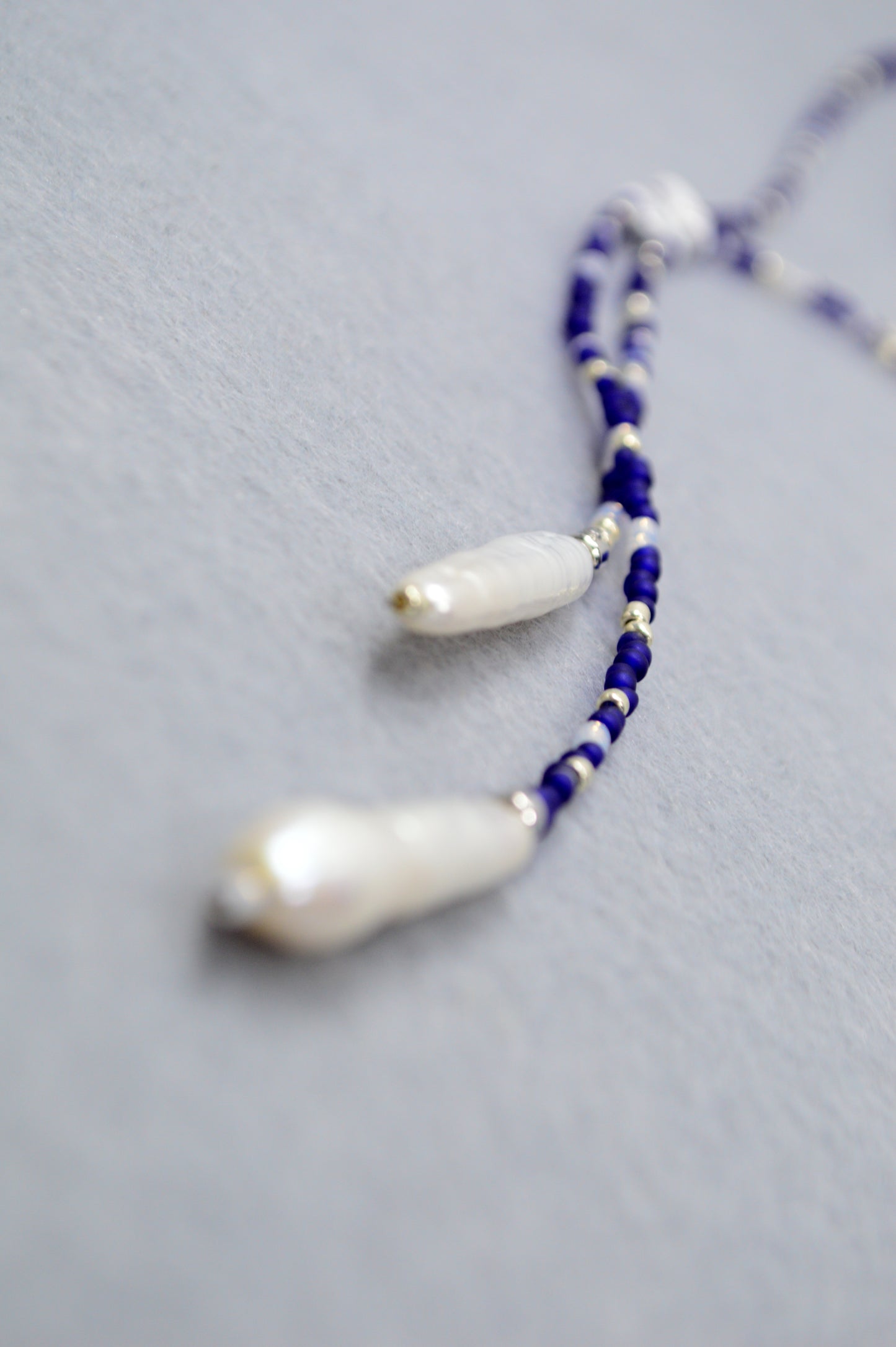 Azure Dusk Blue Beaded Pearl Lariat Necklace