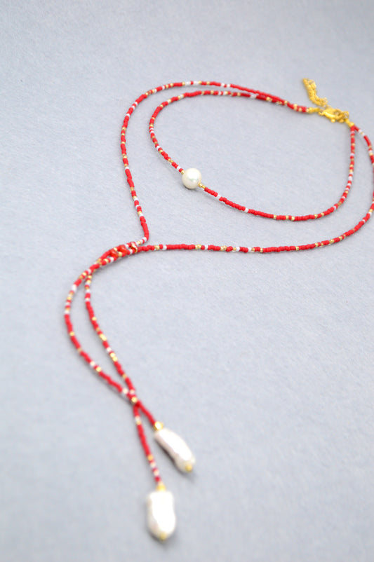 Crimson Cascade Red Beaded Pearl Lariat Necklace