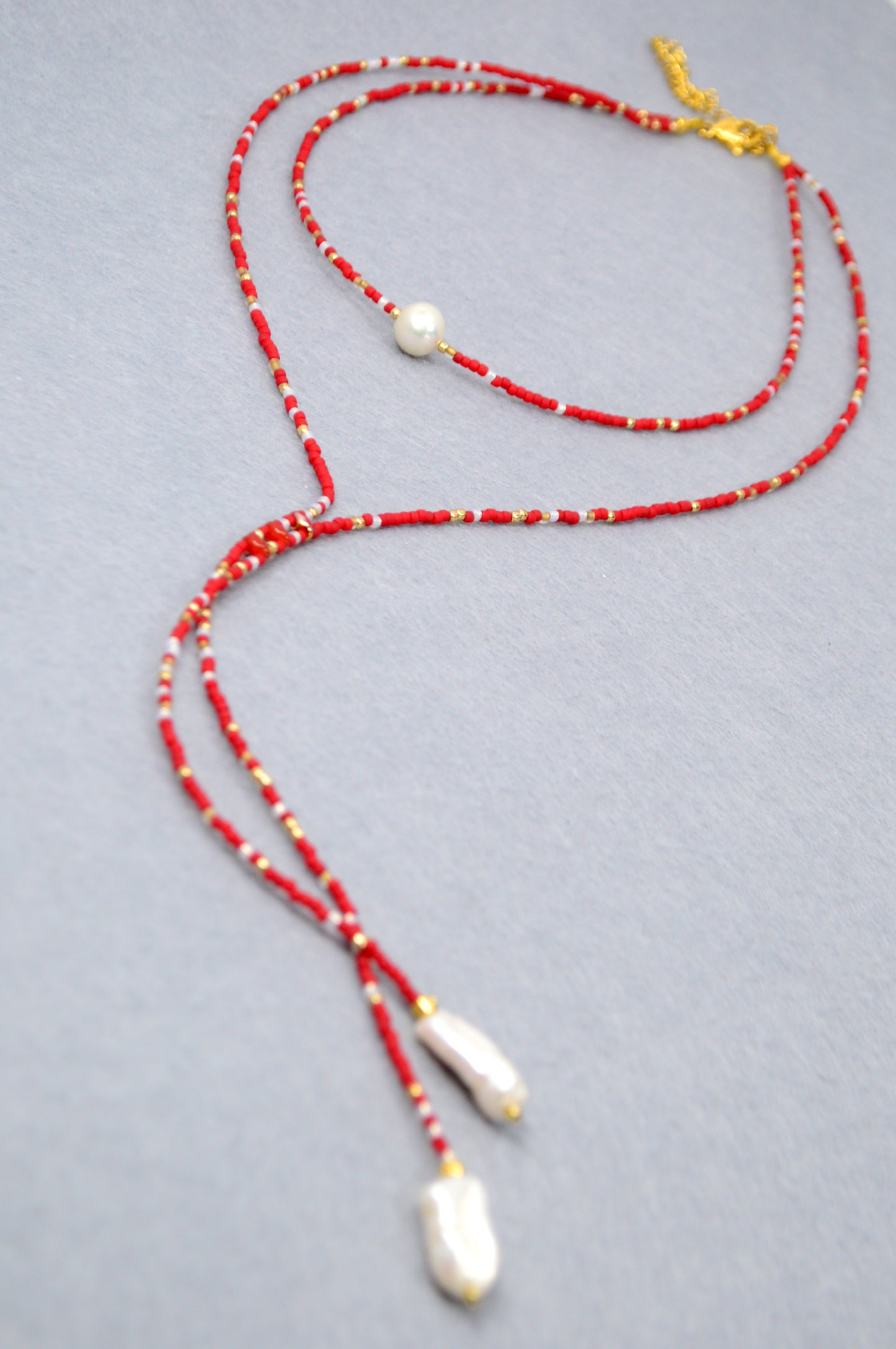 Crimson Cascade Red Beaded Pearl Lariat Necklace