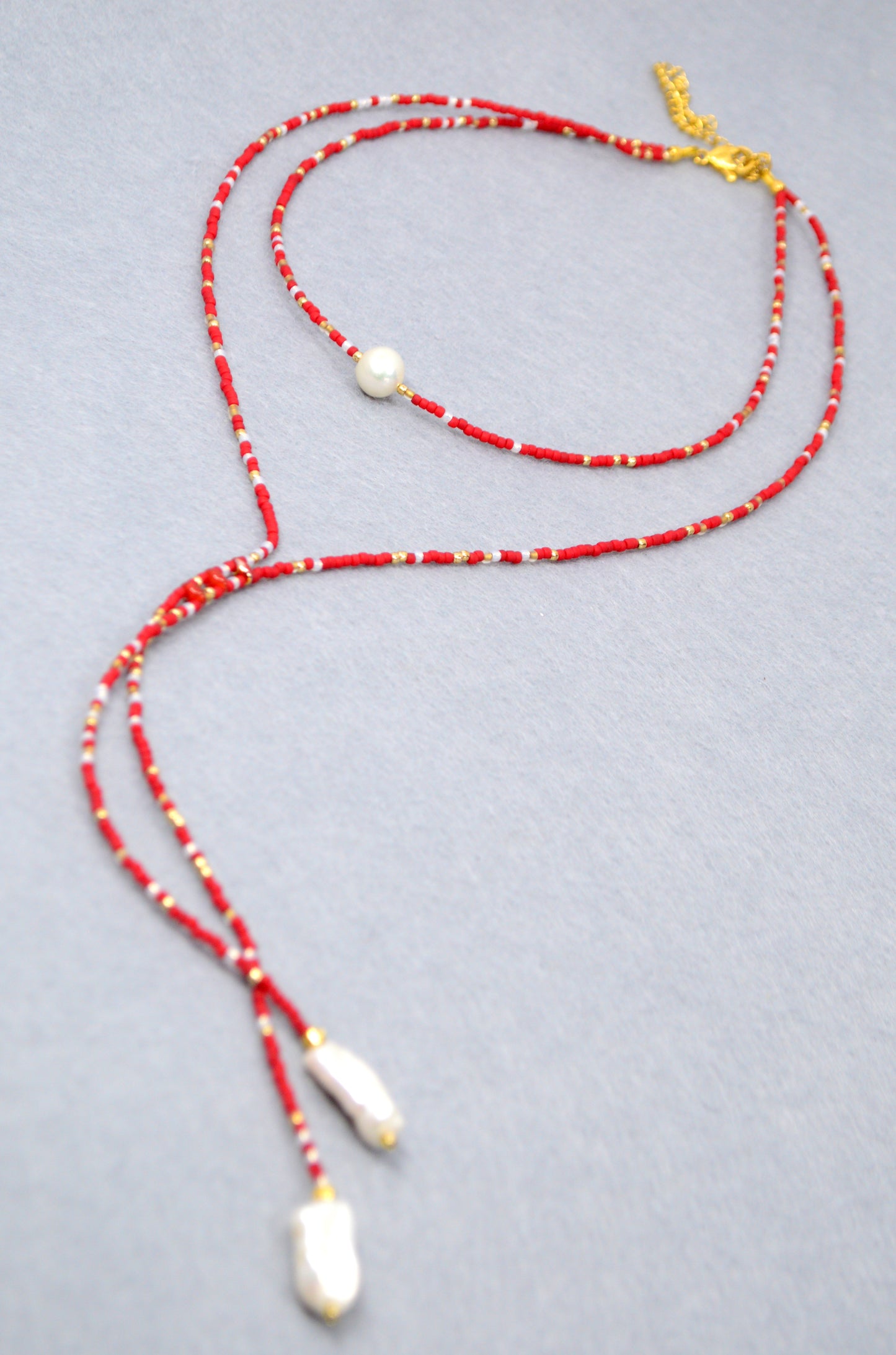 Crimson Cascade Red Beaded Pearl Lariat Necklace