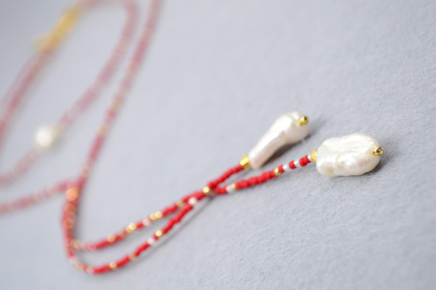 Crimson Cascade Red Beaded Pearl Lariat Necklace