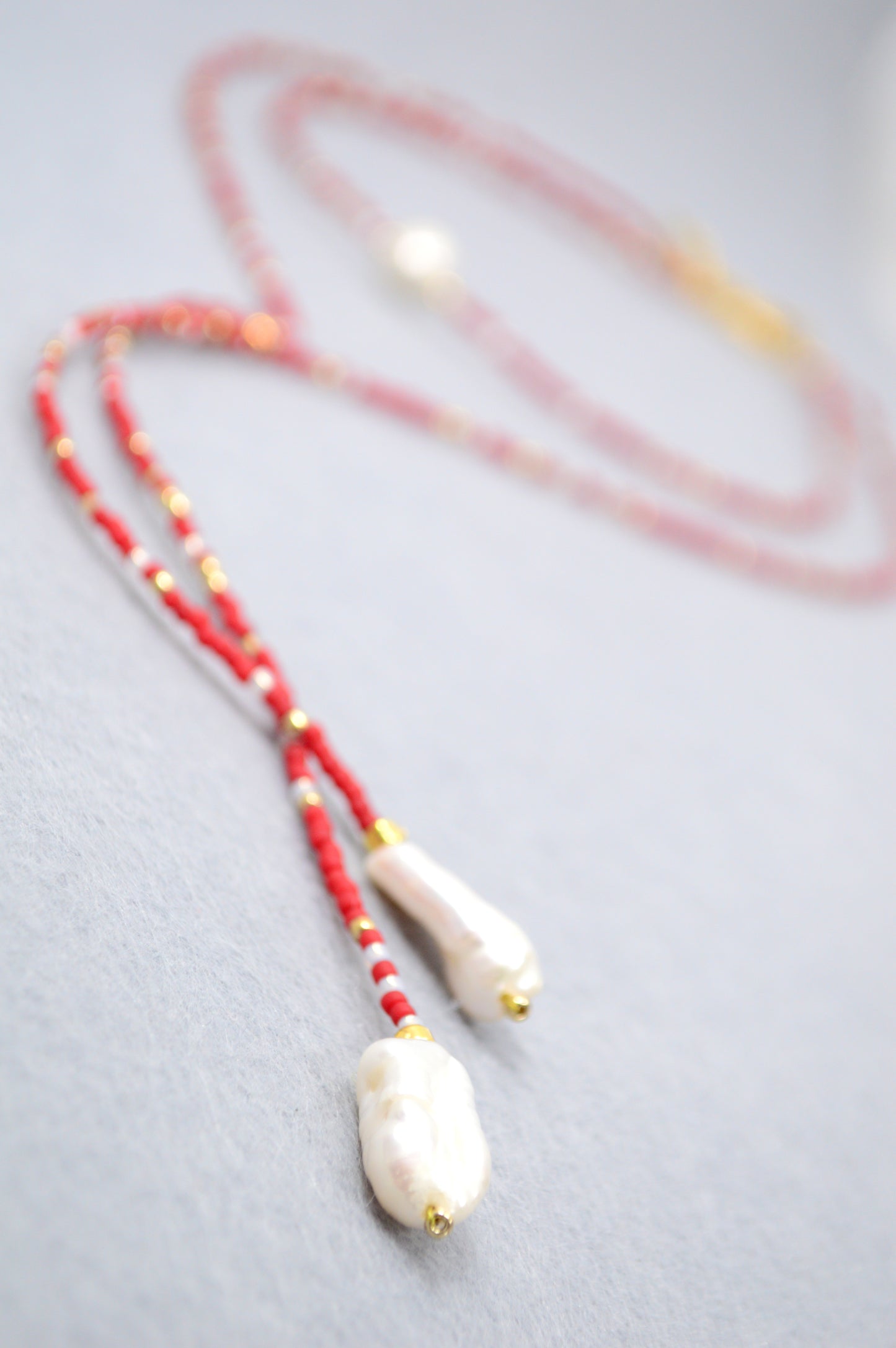Crimson Cascade Red Beaded Pearl Lariat Necklace