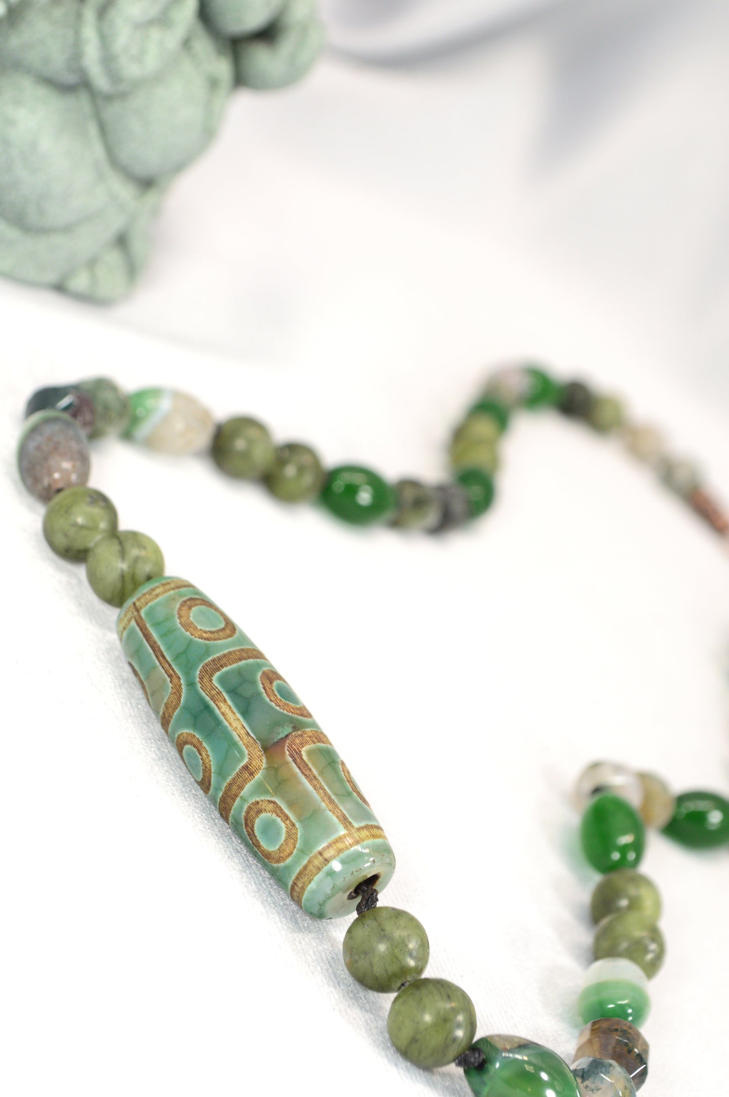 Green Agate, Jade, Esmeralda  & Tibetan Dzi Bead Necklace – Boho Healing Stone Jewelry
