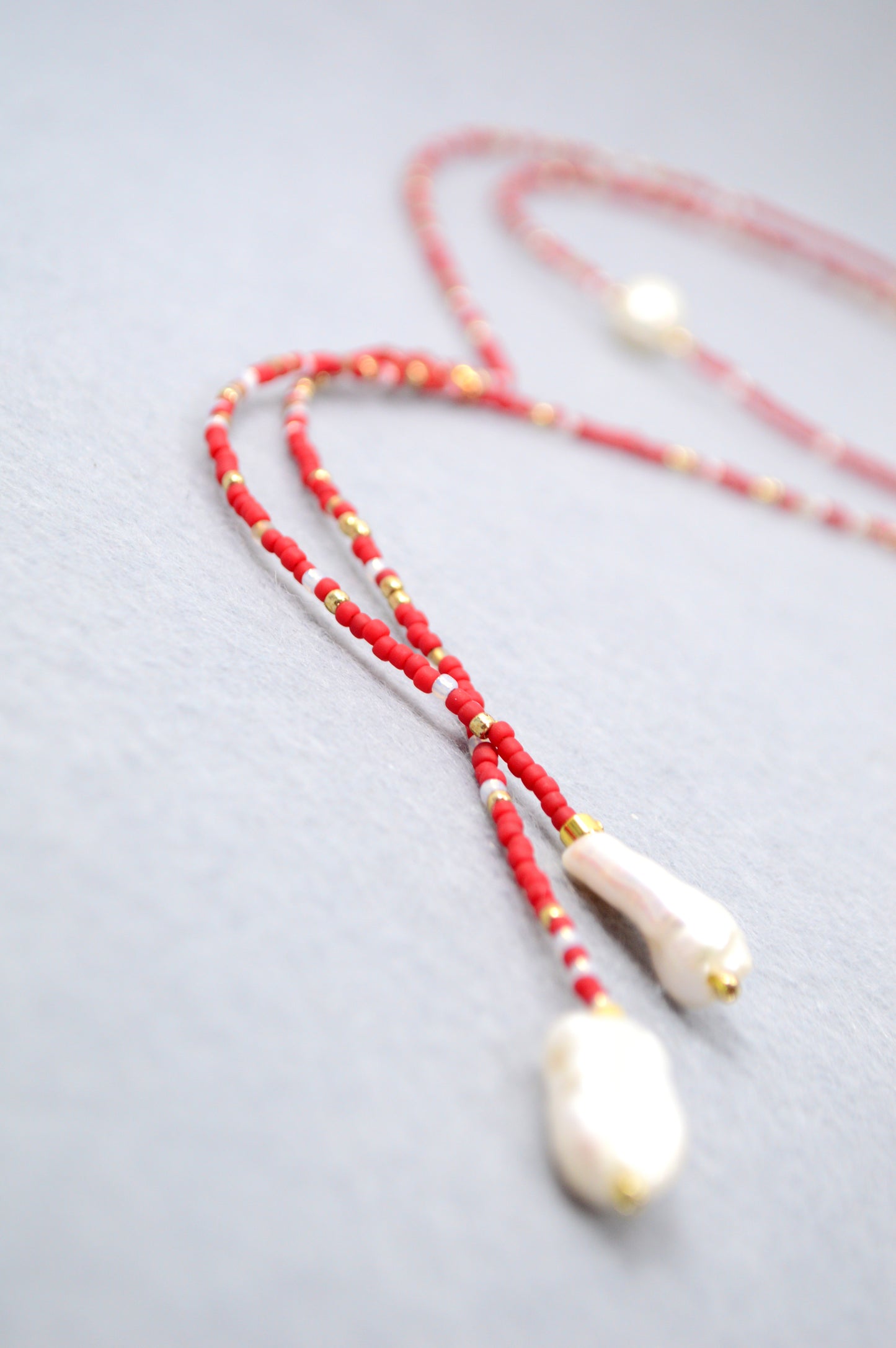 Crimson Cascade Red Beaded Pearl Lariat Necklace
