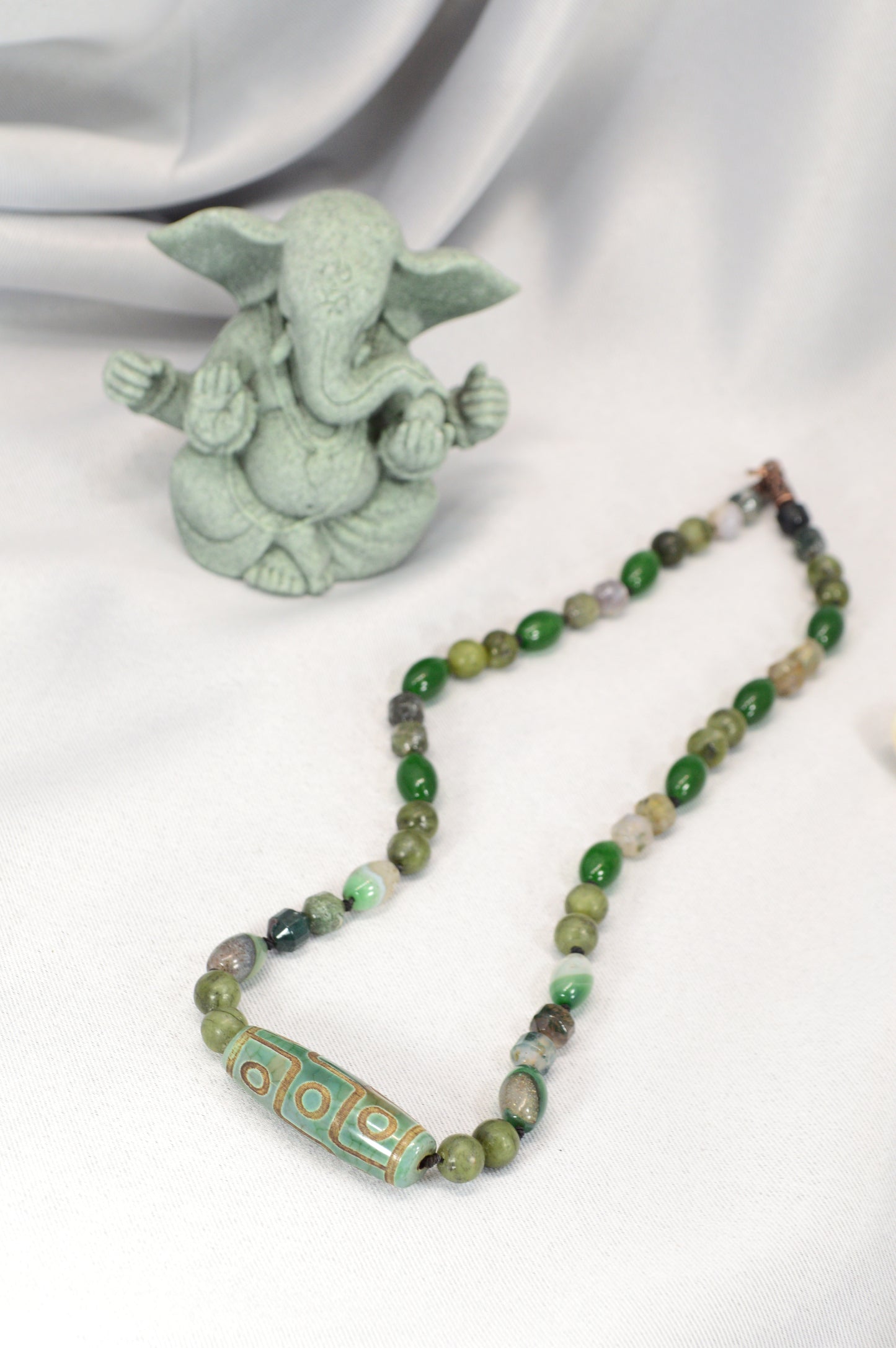 Green Agate, Jade, Esmeralda  & Tibetan Dzi Bead Necklace – Boho Healing Stone Jewelry