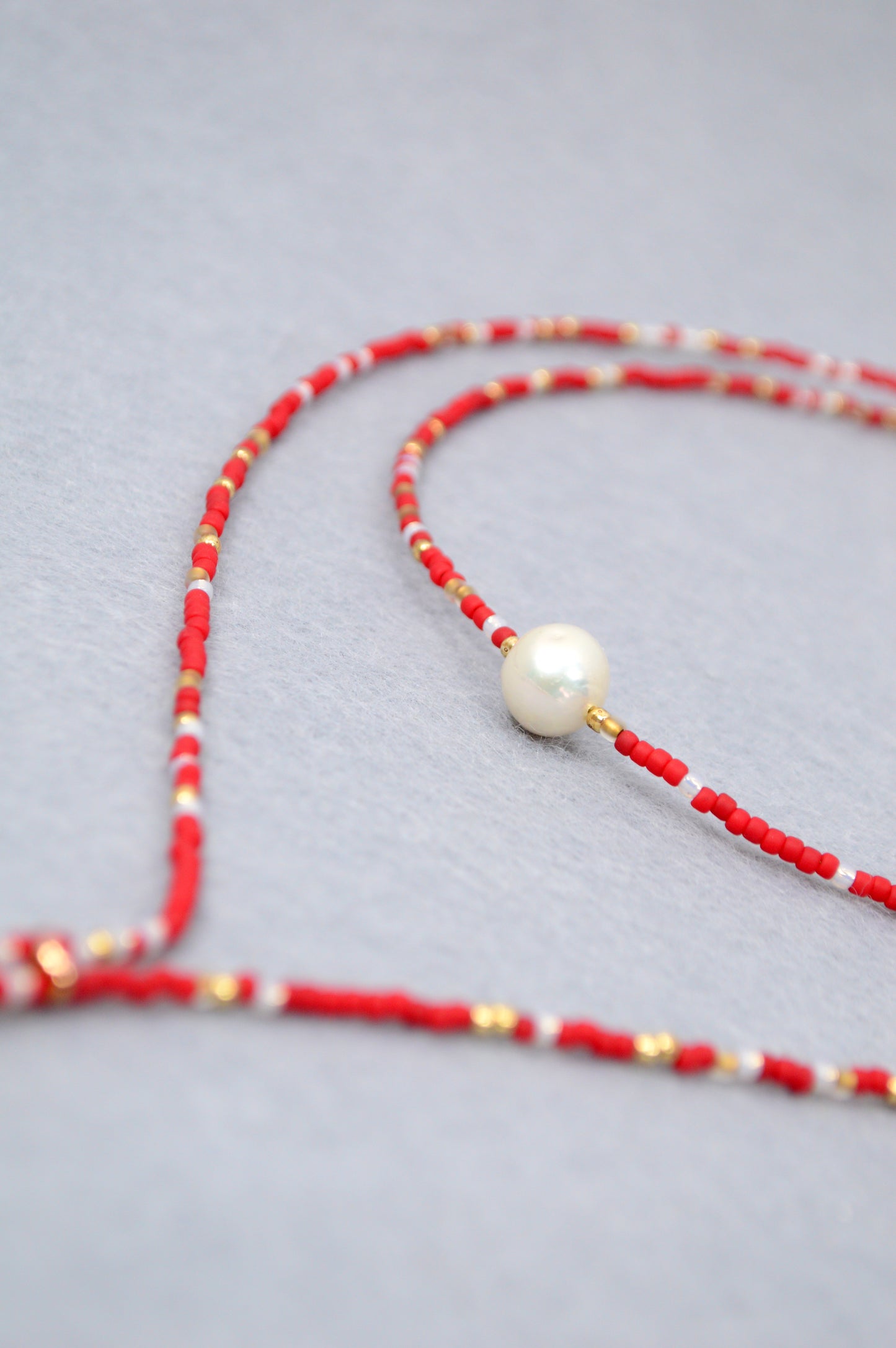 Crimson Cascade Red Beaded Pearl Lariat Necklace