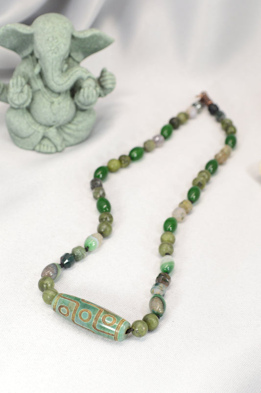 Green Agate, Jade, Esmeralda  & Tibetan Dzi Bead Necklace – Boho Healing Stone Jewelry