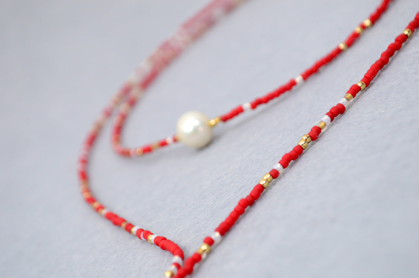 Crimson Cascade Red Beaded Pearl Lariat Necklace