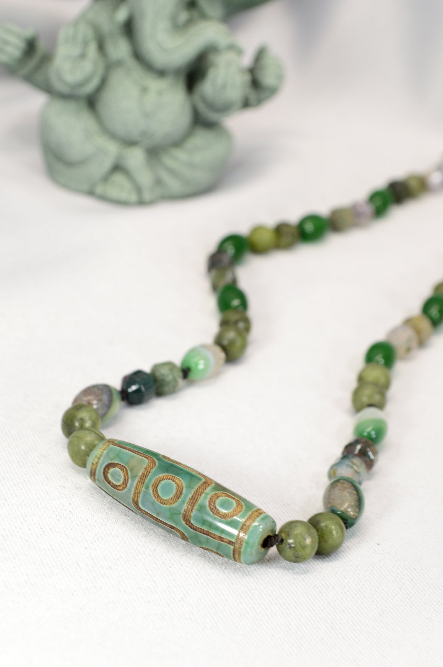 Green Agate, Jade, Esmeralda  & Tibetan Dzi Bead Necklace – Boho Healing Stone Jewelry
