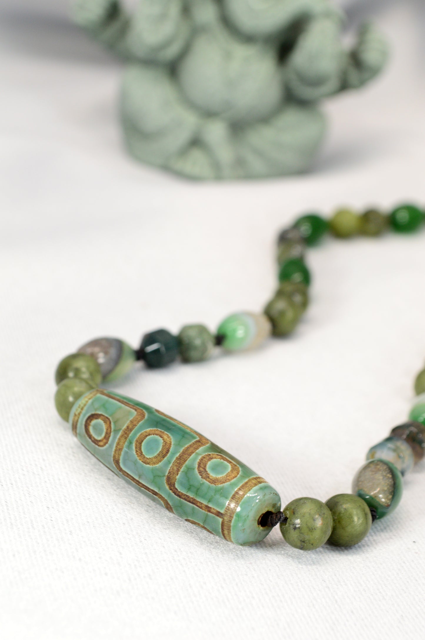 Green Agate, Jade, Esmeralda  & Tibetan Dzi Bead Necklace – Boho Healing Stone Jewelry