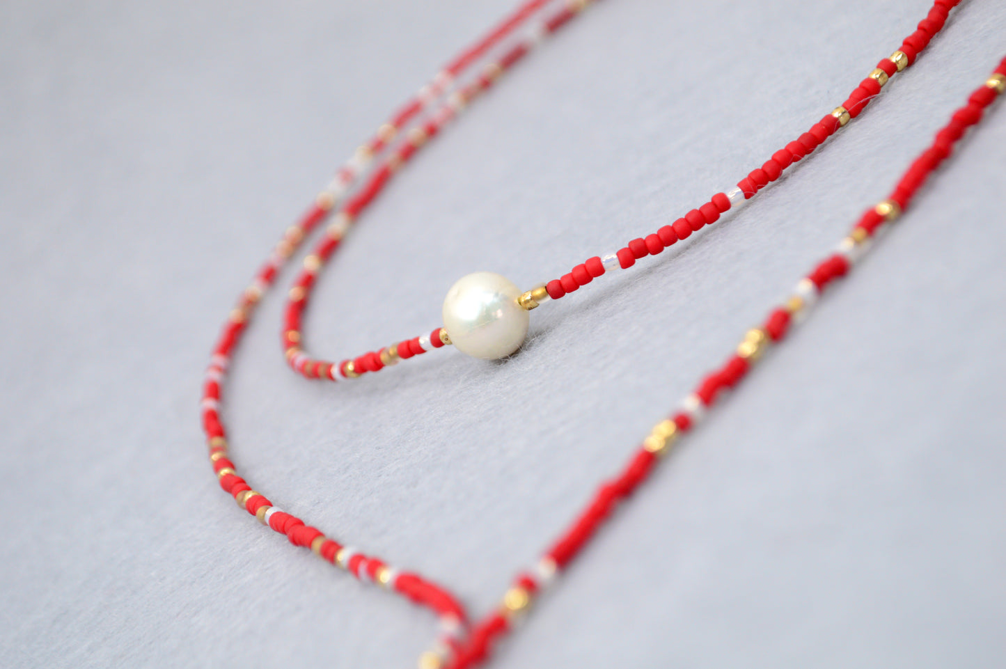 Crimson Cascade Red Beaded Pearl Lariat Necklace
