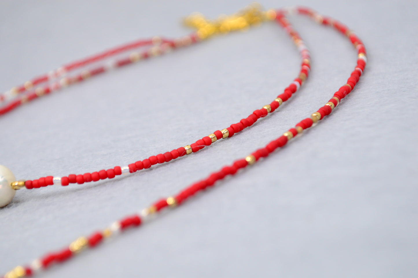Crimson Cascade Red Beaded Pearl Lariat Necklace