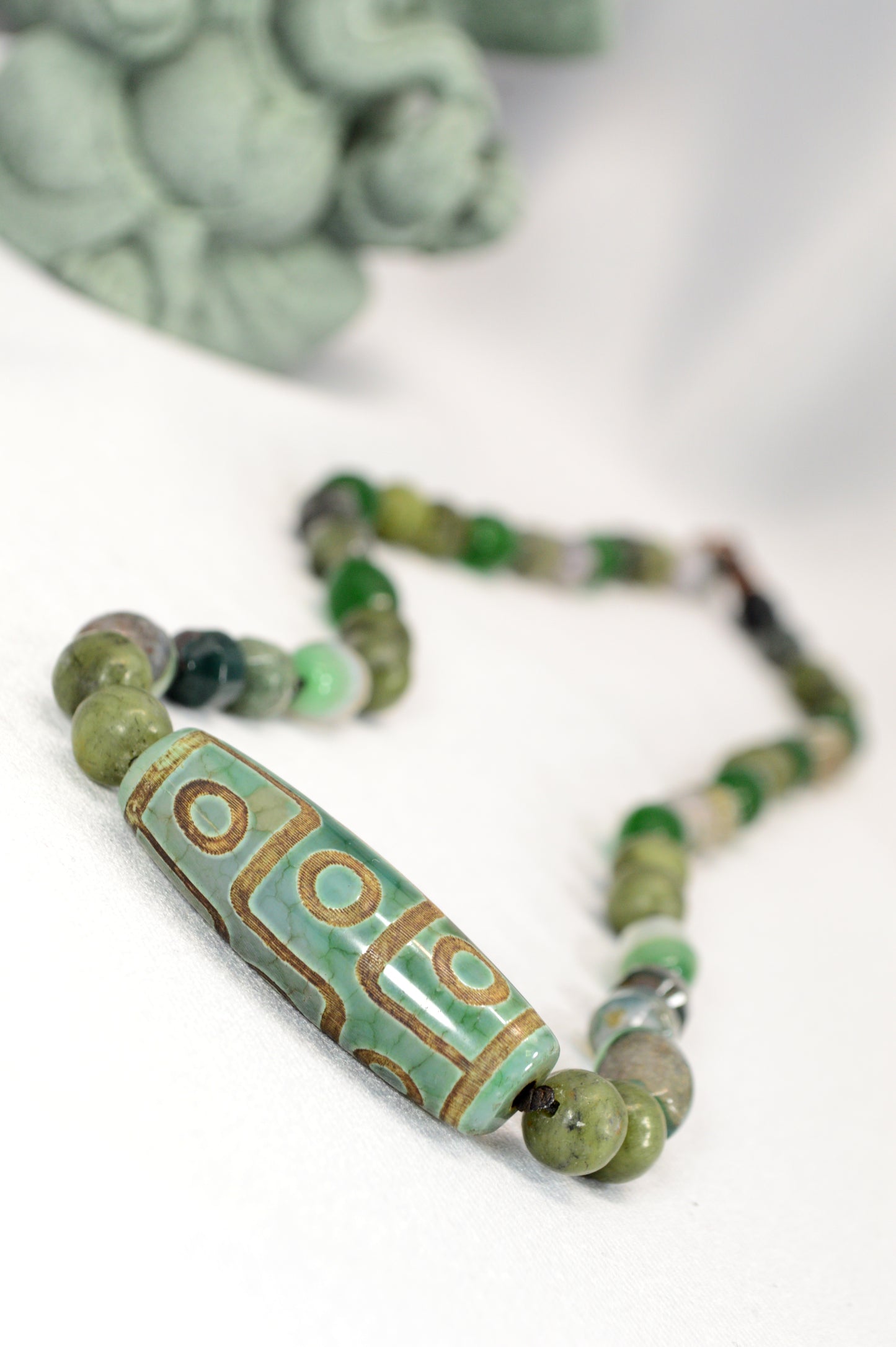 Green Agate, Jade, Esmeralda  & Tibetan Dzi Bead Necklace – Boho Healing Stone Jewelry