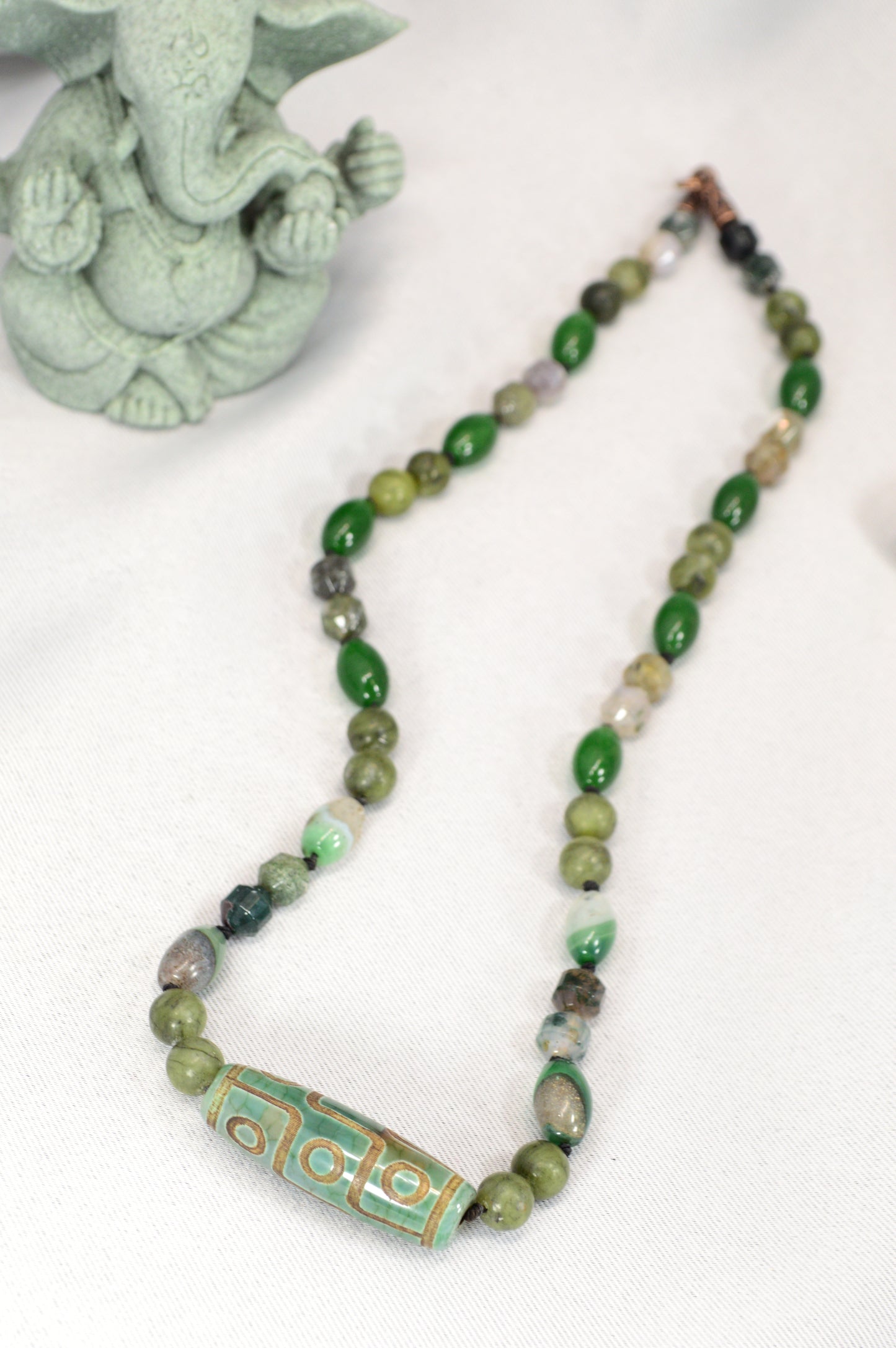 Green Agate, Jade, Esmeralda  & Tibetan Dzi Bead Necklace – Boho Healing Stone Jewelry