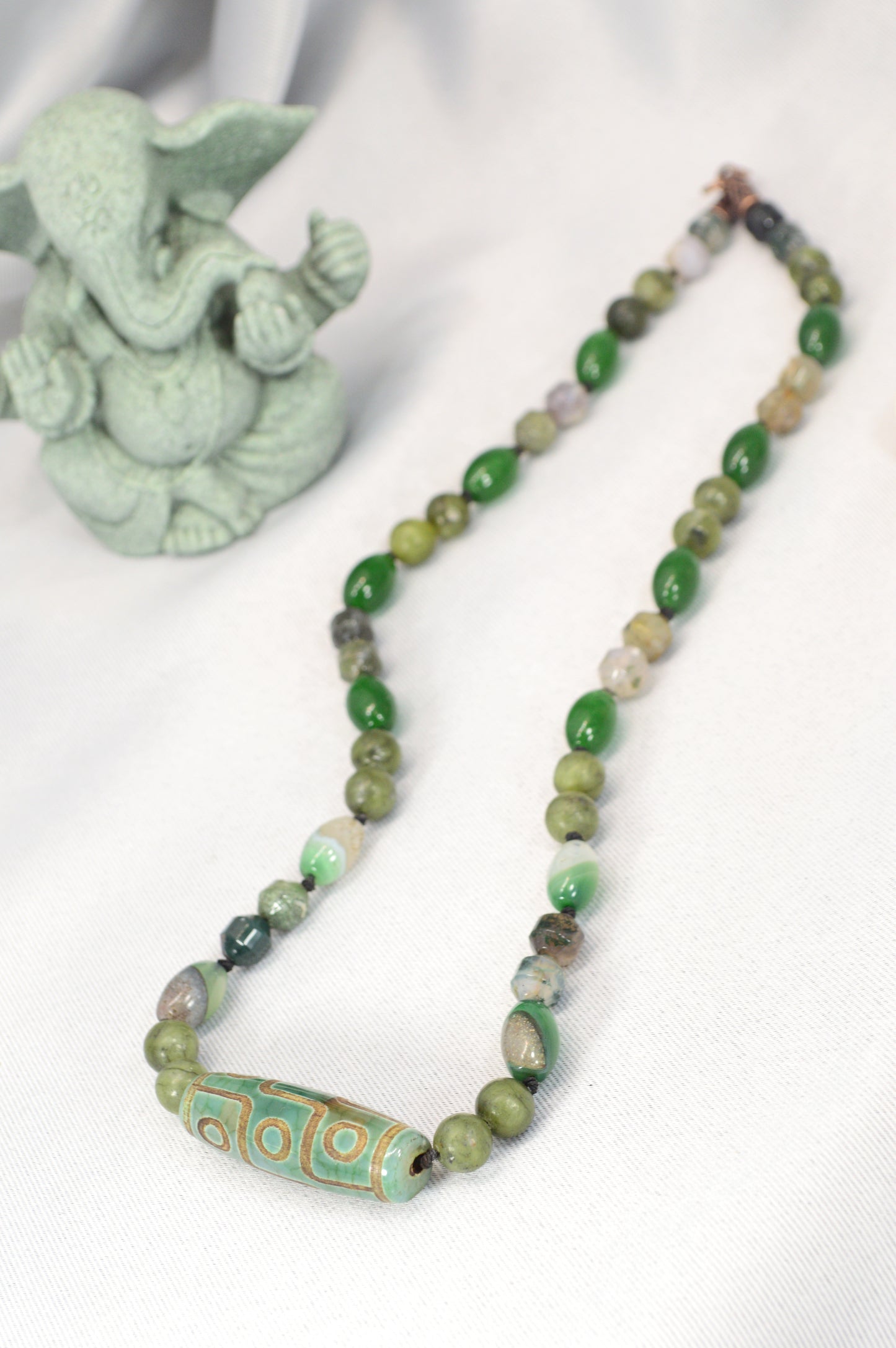Green Agate, Jade, Esmeralda  & Tibetan Dzi Bead Necklace – Boho Healing Stone Jewelry