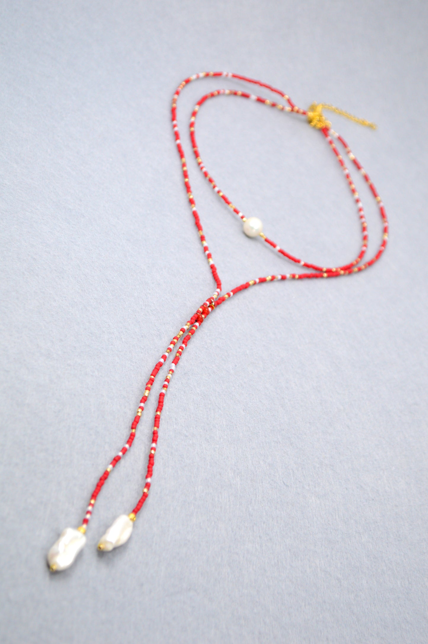Crimson Cascade Red Beaded Pearl Lariat Necklace