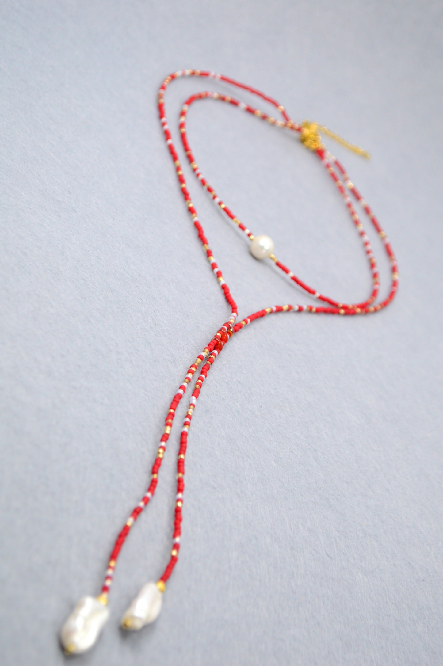 Crimson Cascade Red Beaded Pearl Lariat Necklace