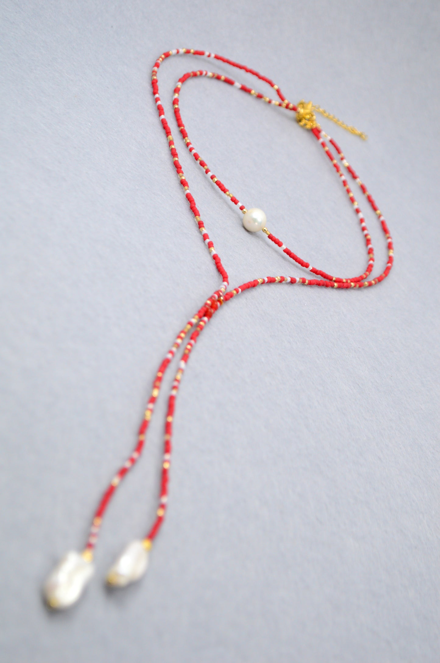 Crimson Cascade Red Beaded Pearl Lariat Necklace