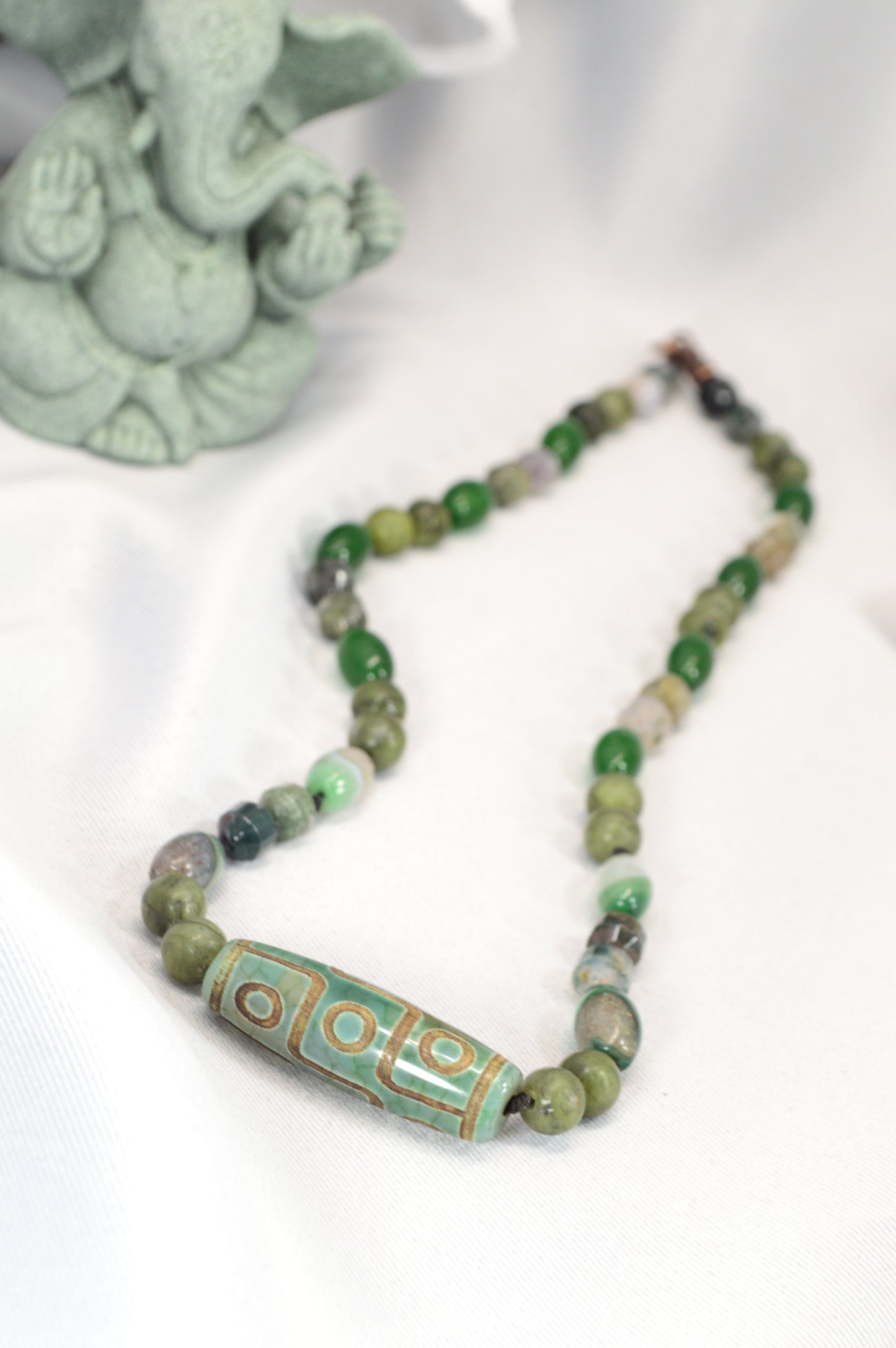 Green Agate, Jade, Esmeralda  & Tibetan Dzi Bead Necklace – Boho Healing Stone Jewelry