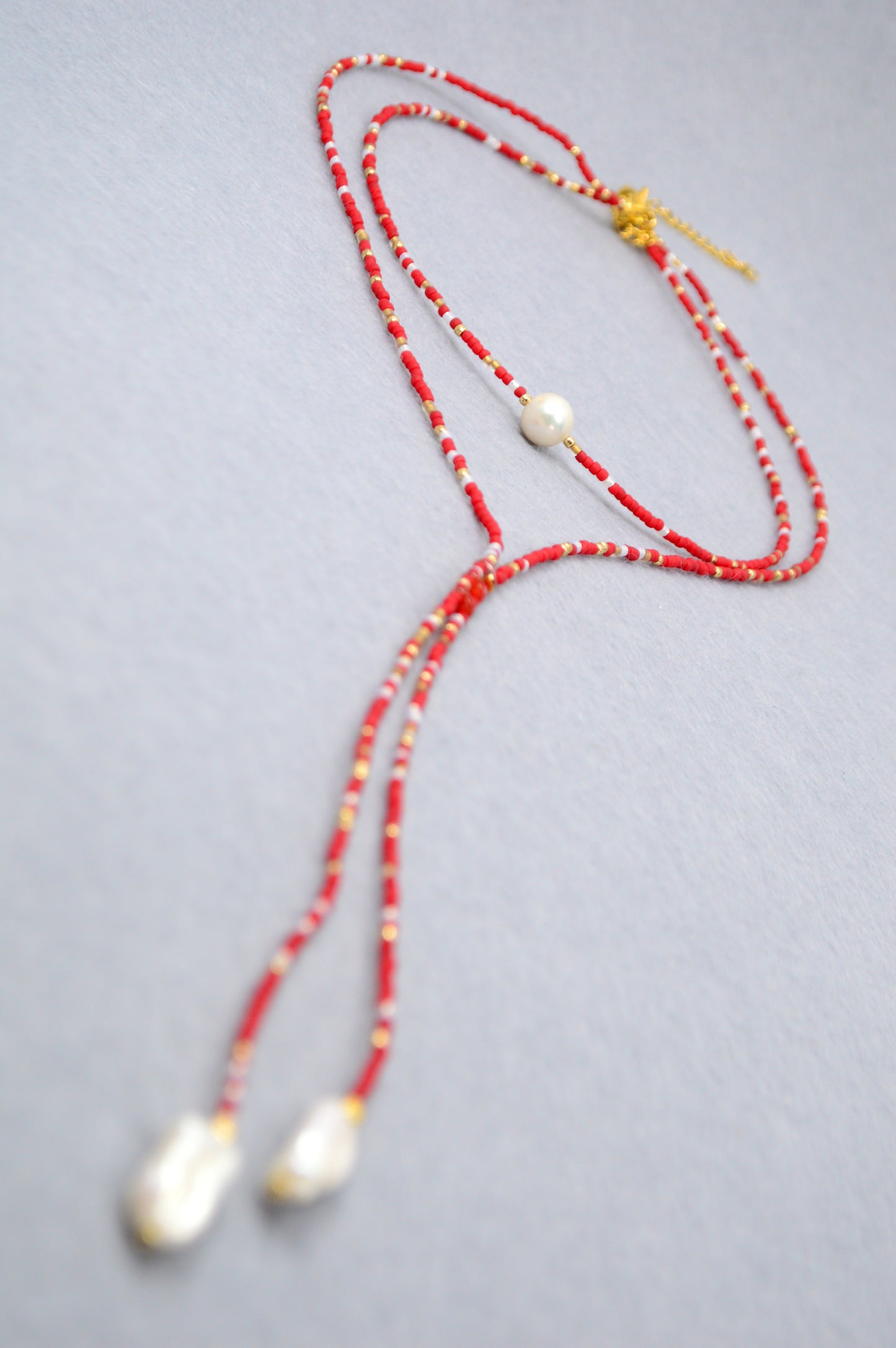 Crimson Cascade Red Beaded Pearl Lariat Necklace