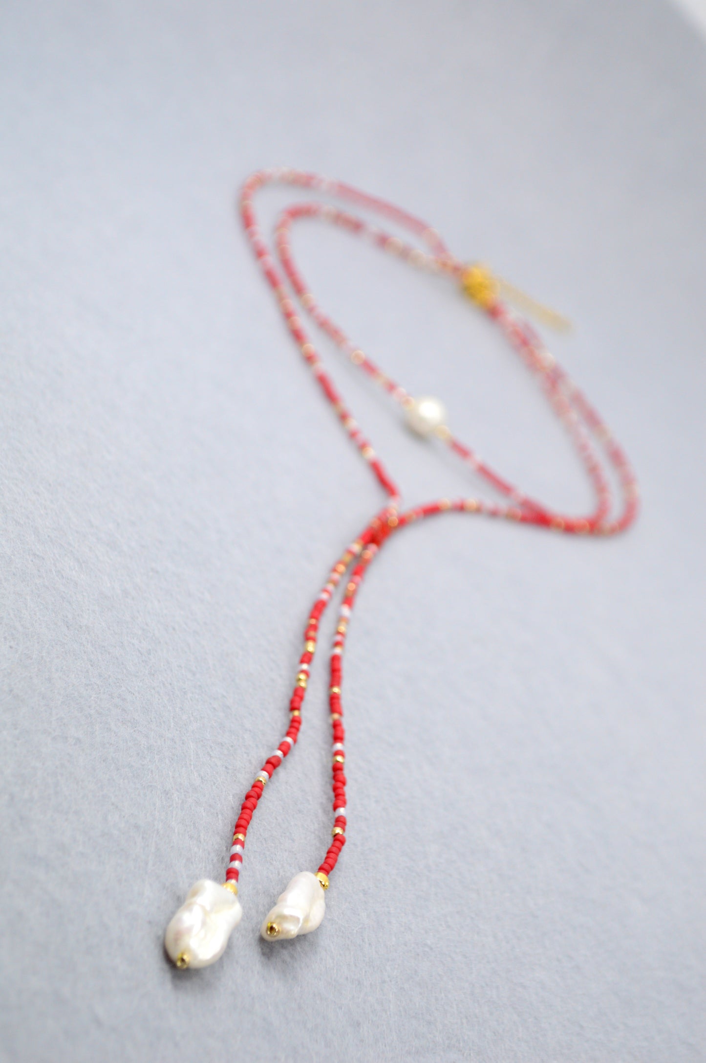 Crimson Cascade Red Beaded Pearl Lariat Necklace