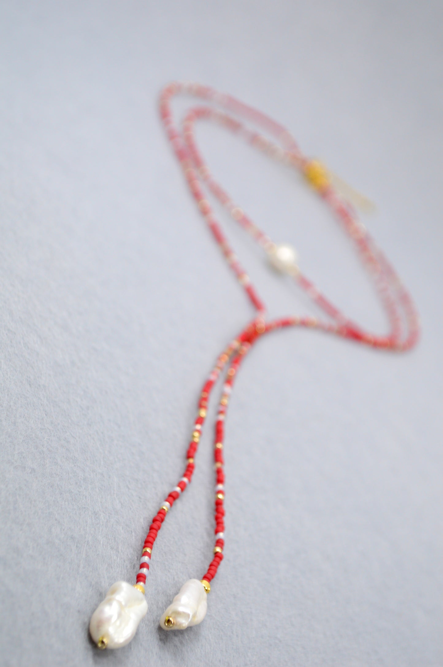 Crimson Cascade Red Beaded Pearl Lariat Necklace