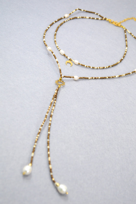 Golden Earth Brown Sun and Moon Layered Y Necklace