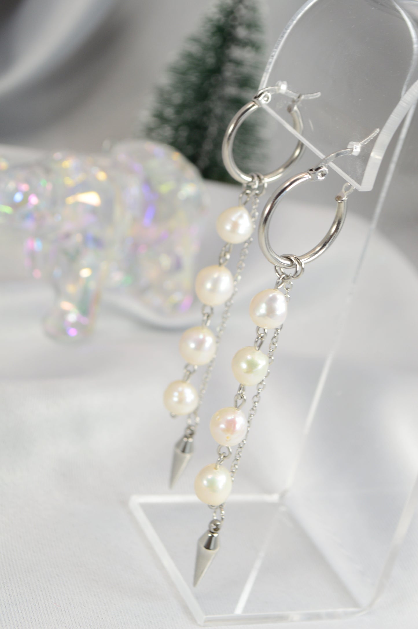 Baroque Pearl Drop Hoop Earrings – Silver & Gold Variants 10cm 4"